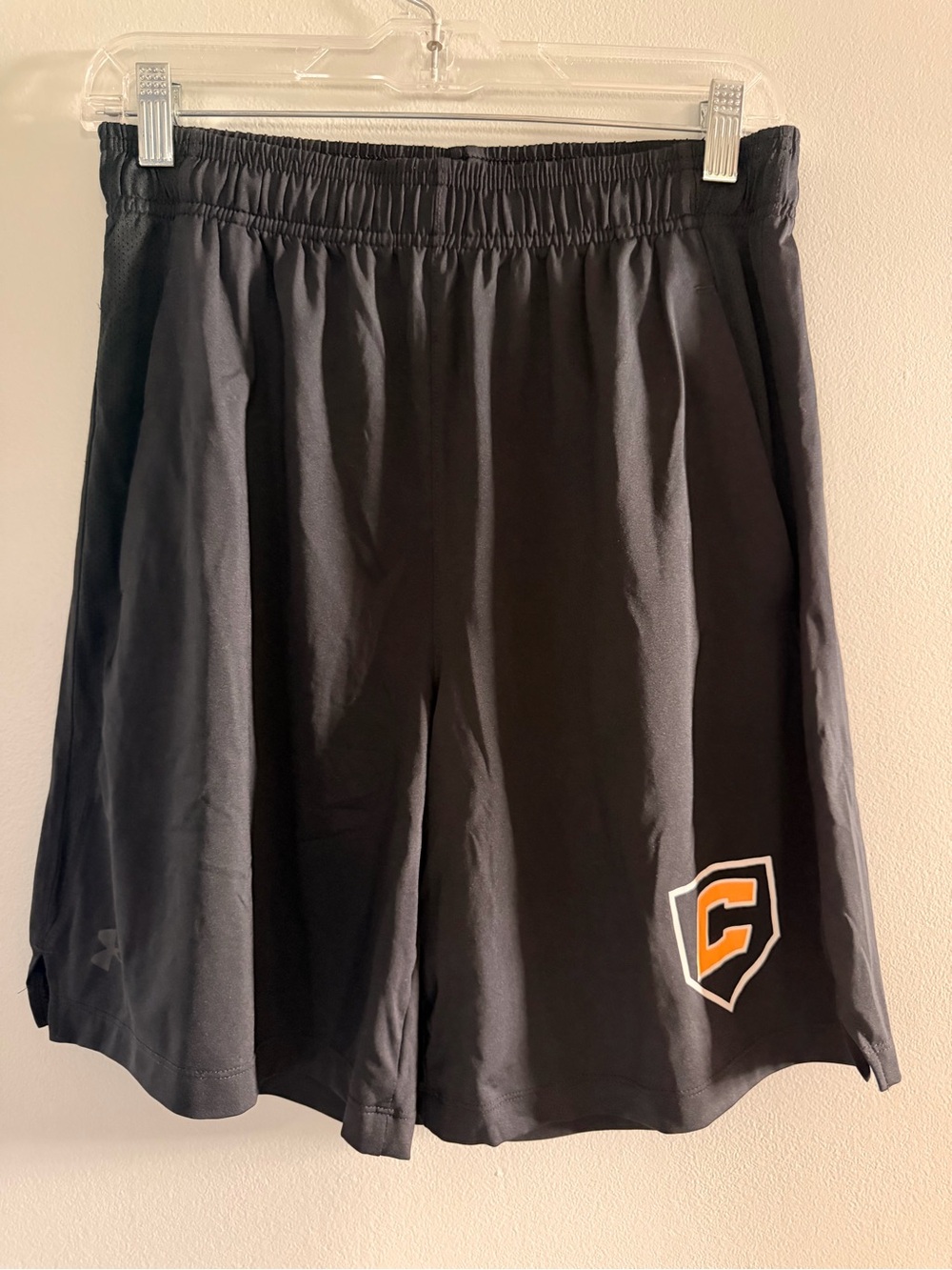 Under Armour Black Athletic Shorts with Gold C in white Home Plate Outline